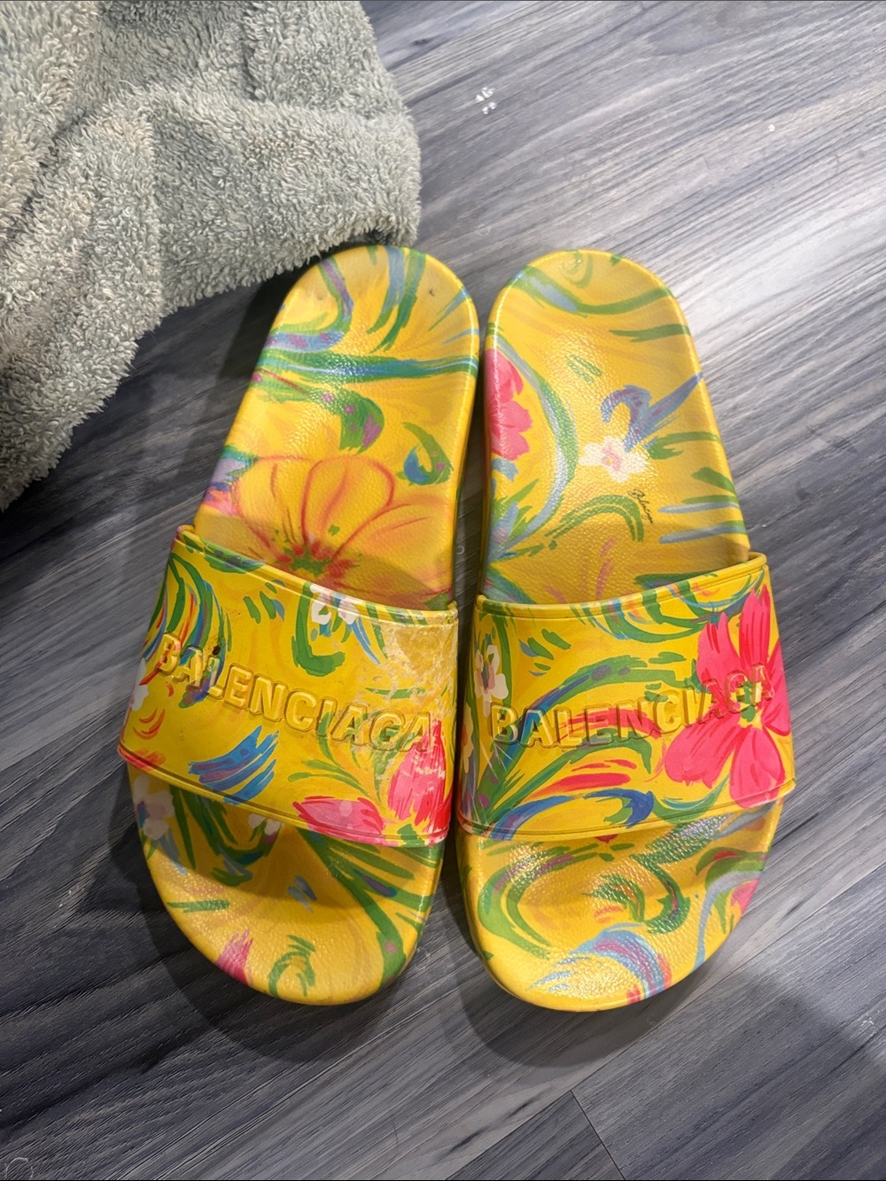 Balenciaga Yellow Floral Slide Sandals 7